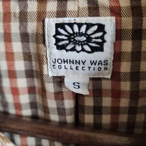 Johnny Was Checkered Top in Brown and Cream Womens Small Ladies Shirt Zip Front